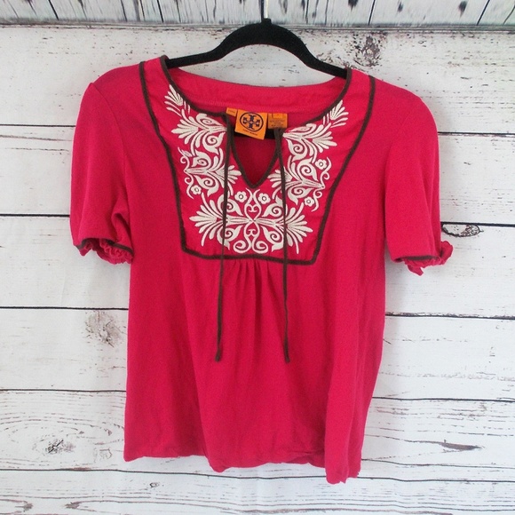 Tory Burch Tops - Tory Burch pink white embroidered cotton tee small